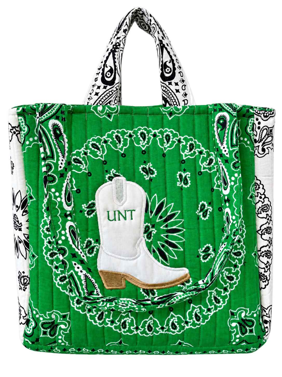 UNT Collegiate tote with green bandana fabric, white and black straps, and a white gameday boot appliqué