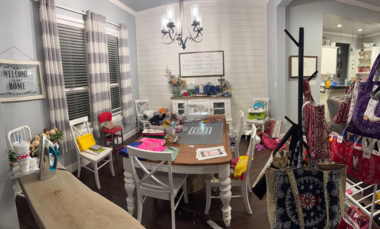 Missy's dining room sewing space where Brooklyn Bags totes are handmade